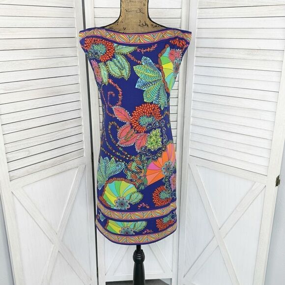 Trina Turk Felana Dress Floral Geometric Print Boat Neck Sheath Blue Multi 2 - Picture 1 of 12